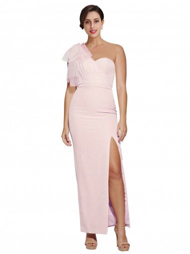 One Shoulder Tulle Overlay Sweetheart Neckline Long Crepe Prom Dress with Thigh Split