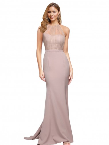Long Sweetheart Crepe Prom Dress with High Neck Illusion Tulle Details