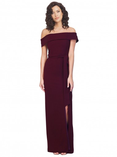 Fitted Full Length Off the Shoulder Crepe Prom Dress with Side Split and Waist Tie