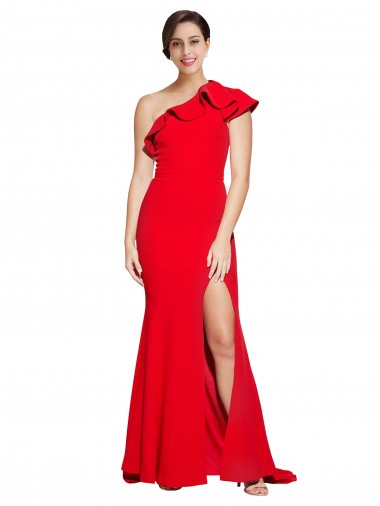One Shoulder Long Sweep Train Crepe Prom Dress with Thigh High Split