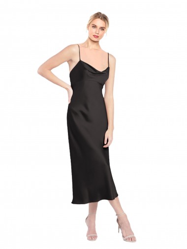 Cowl Neck Midi Length Short Stretch Satin Slip Cocktail Prom Dress / Homecoming Dress