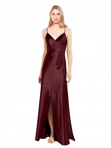 Sleek Spaghetti Straps V-Neck Stretch Satin Prom Dress with Center Front Slit
