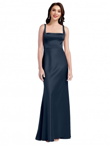 Square Neck A-Line Long Stretch Satin Prom Dress with Wide Straps