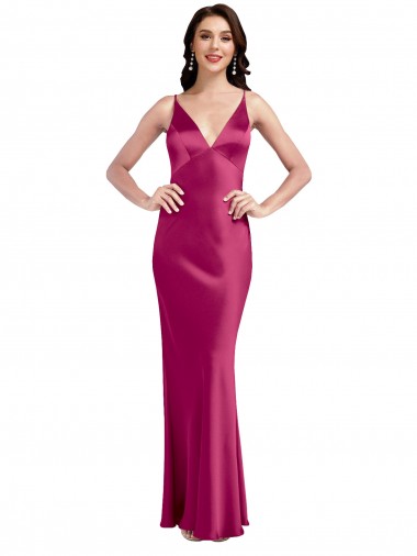 V-Neck Spaghetti Straps Slim Stretch Satin Prom Dress with Low Scoop Back