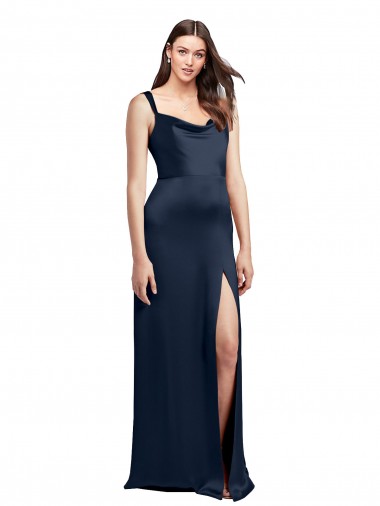 Cowl Neck Soft Long Stretch Satin Prom Dress with Side Slit and Pleated Straps