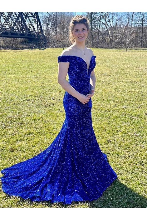 Off the Shoulder Sleeveless Long Sweep Train Velvet Sequin Prom Dress