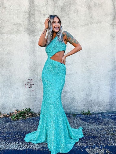 Mermaid One Shoulder Sleeveless Long Sweep Train Velvet Sequin Prom Dress