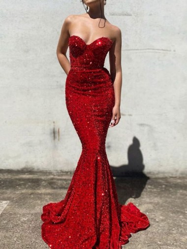 Mermaid Sweetheart Sleeveless Long Court Train Velvet Sequin Prom Dress