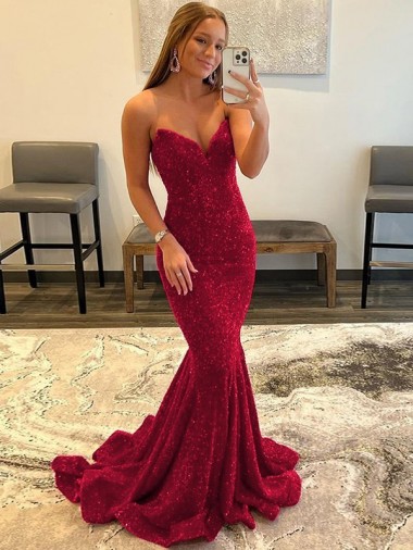 Sweetheart Sleeveless Long Sweep Train Velvet Sequin Prom Dress
