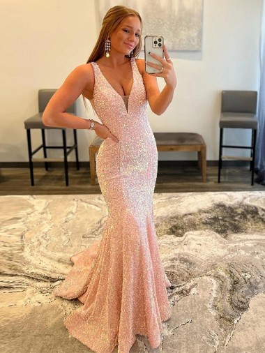 Deep V-Neck Sleeveless Long Low Back Velvet Sequin Prom Dress