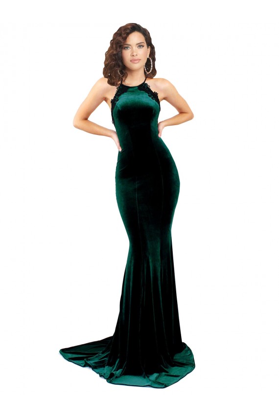 High Neck Stretch Velvet Prom Dress with Black Lace Embroidery