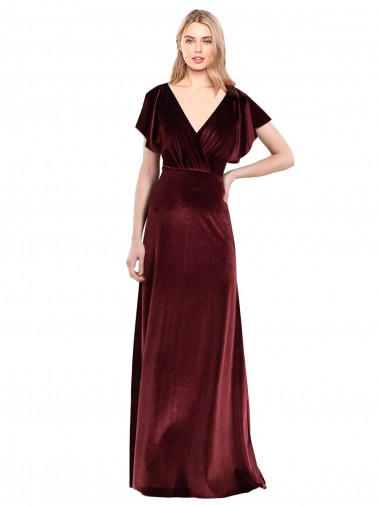 Flutter Sleeves Open Back Long Velvet Prom Dress