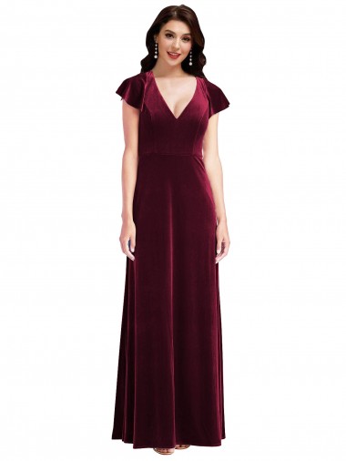 Flutter Sleeve Velvet Maxi Prom Dress with Pockets