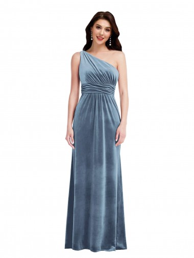 One Shoulder Draped Velvet Maxi Prom Dress