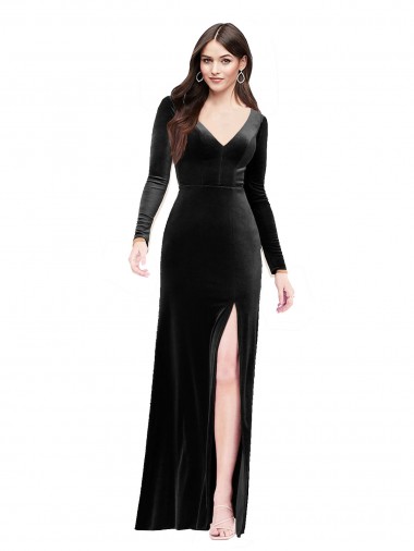 Long Sleeves Velvet Prom Dress with V-Neckline and Thigh Slit