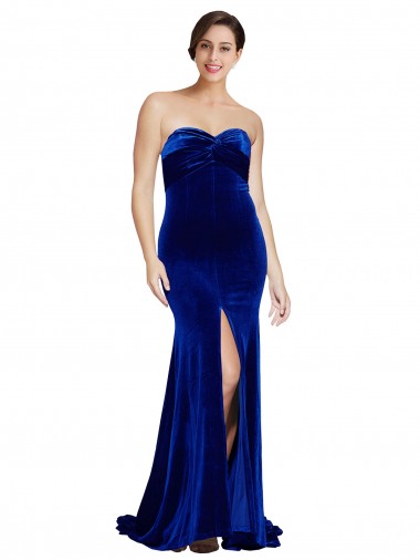 Strapless Ruched Velvet Prom Dress with Sweep Train and Front Slit