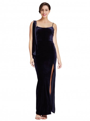 Long Velvet Prom Dress with Side Thigh Split and Shoulder Tie