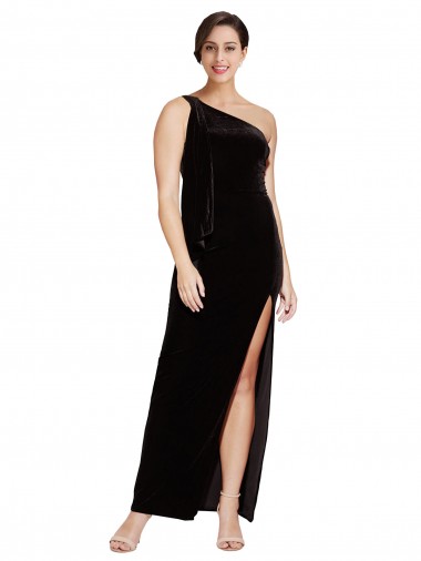 One Shoulder Long Velvet Prom Dress with Side Split and Shoulder Tie